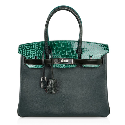 Dual-Tone Forest And Emerald Green Scaled Accent Structured Rectangular Hand Tote With Cool Silvery Twist Lock Hardware And Matching Scaled Padlock Charm