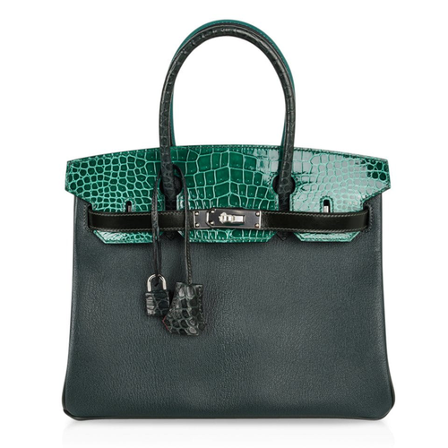 Dual-Tone Forest And Emerald Green Scaled Accent Structured Rectangular Hand Tote With Cool Silvery Twist Lock Hardware And Matching Scaled Padlock Charm
