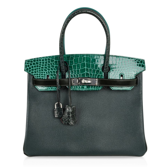 Dual-Tone Forest And Emerald Green Scaled Accent Structured Rectangular Hand Tote With Cool Silvery Twist Lock Hardware And Matching Scaled Padlock Charm