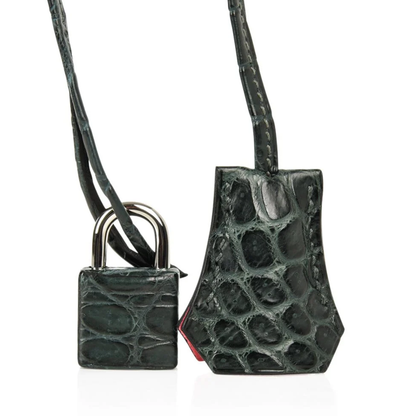 Dual-Tone Forest And Emerald Green Scaled Accent Structured Rectangular Hand Tote With Cool Silvery Twist Lock Hardware And Matching Scaled Padlock Charm