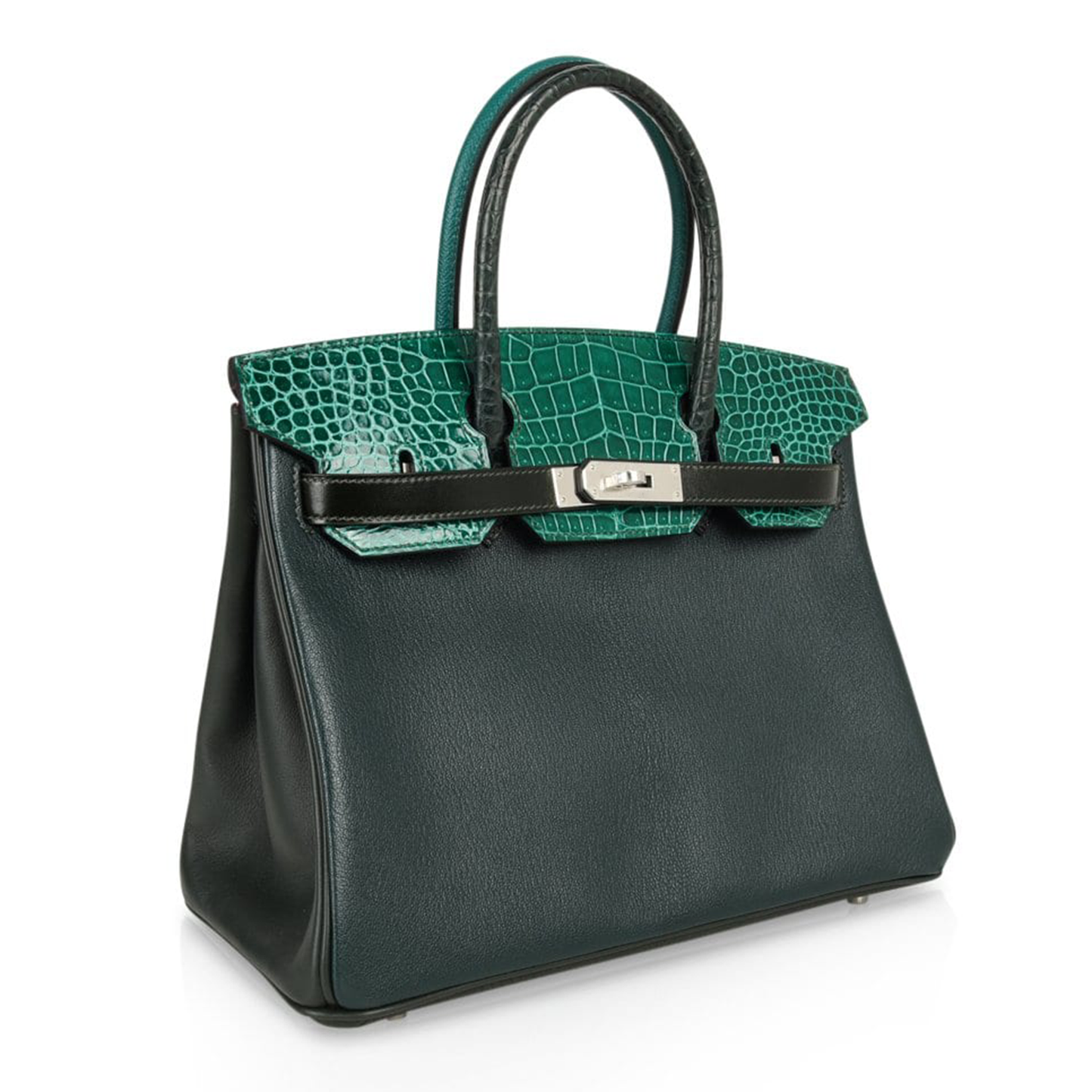 Dual-Tone Forest And Emerald Green Scaled Accent Structured Rectangular Hand Tote With Cool Silvery Twist Lock Hardware And Matching Scaled Padlock Charm
