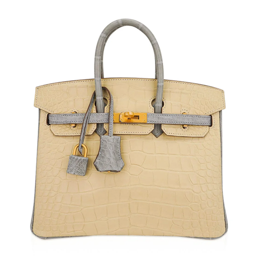Pale Cream And Muted Ash Grey Scaled Embossed Dual-Tone Rigid Rectangular Hand Tote With Brushed Golden Twist Lock Hardware And Matching Scaled Padlock Charm