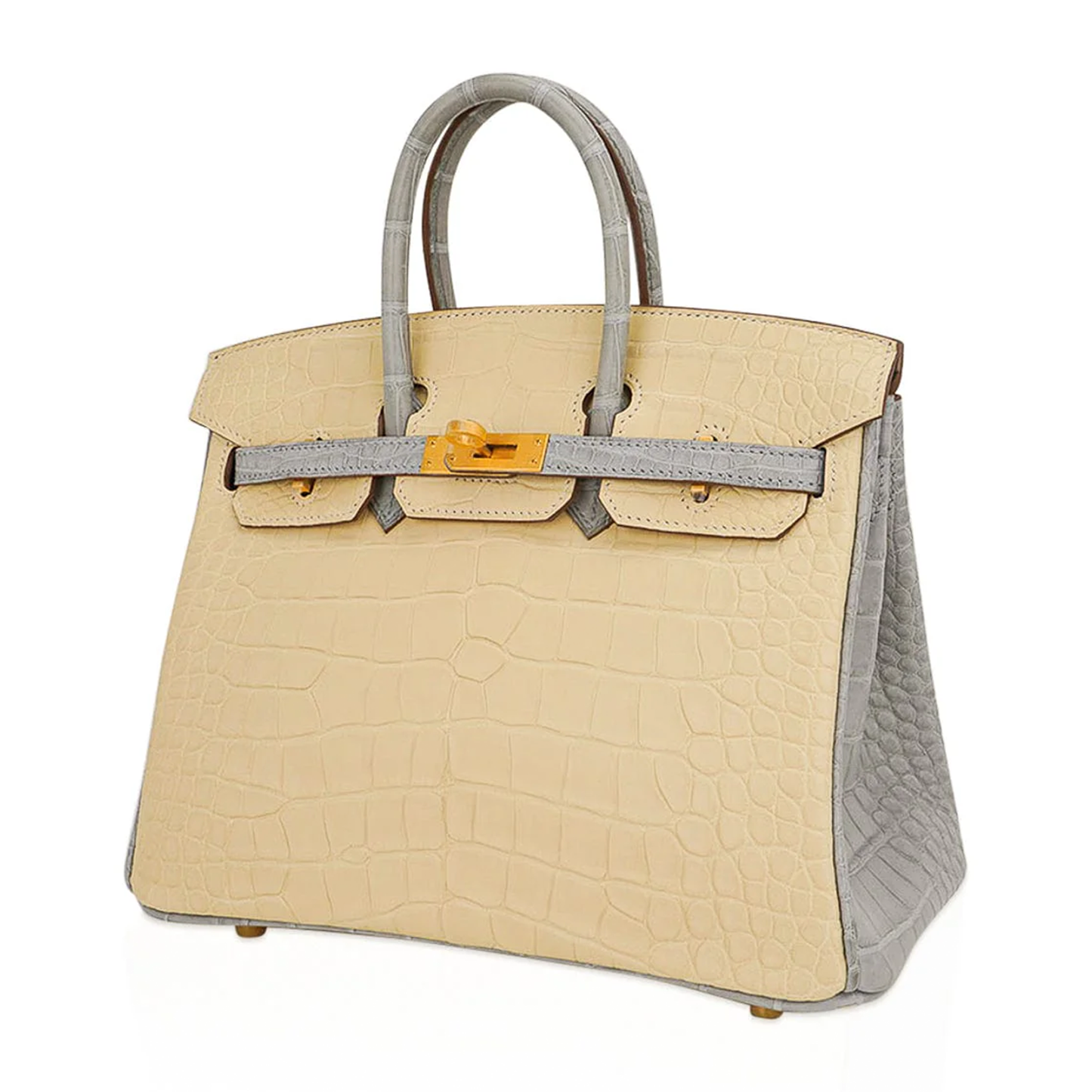 Pale Cream And Muted Ash Grey Scaled Embossed Dual-Tone Rigid Rectangular Hand Tote With Brushed Golden Twist Lock Hardware And Matching Scaled Padlock Charm