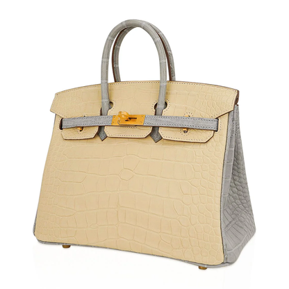 Pale Cream And Muted Ash Grey Scaled Embossed Dual-Tone Rigid Rectangular Hand Tote With Brushed Golden Twist Lock Hardware And Matching Scaled Padlock Charm