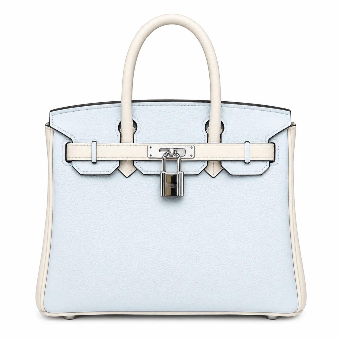 Mist Light Blue Pebbled Grain Dual-Tone Compact Trapezoid Hand Tote With Creamy Off-White Trim And Sleek Silvery Twist Lock Hardware Tag