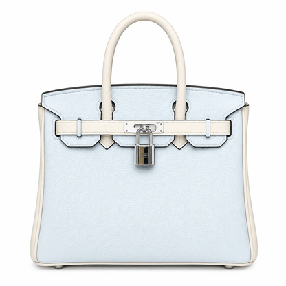 Mist Light Blue Pebbled Grain Dual-Tone Compact Trapezoid Hand Tote With Creamy Off-White Trim And Sleek Silvery Twist Lock Hardware Tag