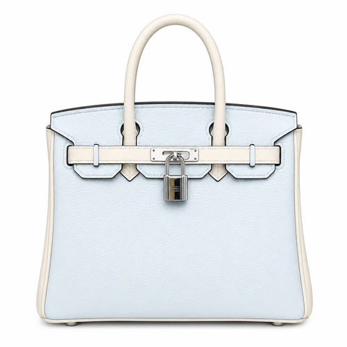 Mist Light Blue Pebbled Grain Dual-Tone Compact Trapezoid Hand Tote With Creamy Off-White Trim And Sleek Silvery Twist Lock Hardware Tag