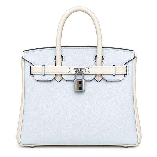 Mist Light Blue Pebbled Grain Dual-Tone Compact Trapezoid Hand Tote With Creamy Off-White Trim And Sleek Silvery Twist Lock Hardware Tag