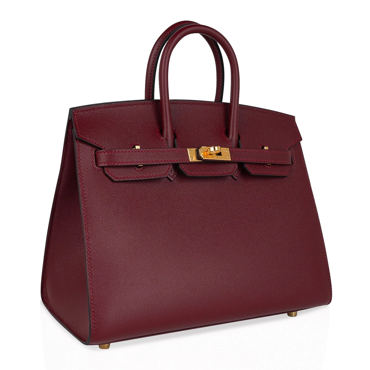 Deep Jewel Burgundy Fine Flat Grain Compact Box Structured Hand Tote With Radiant Golden Twist Lock Hardware And Matching Suspended Metal Padlock Charm