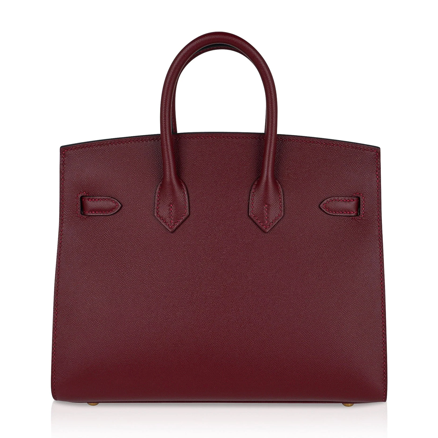 Deep Jewel Burgundy Fine Flat Grain Compact Box Structured Hand Tote With Radiant Golden Twist Lock Hardware And Matching Suspended Metal Padlock Charm