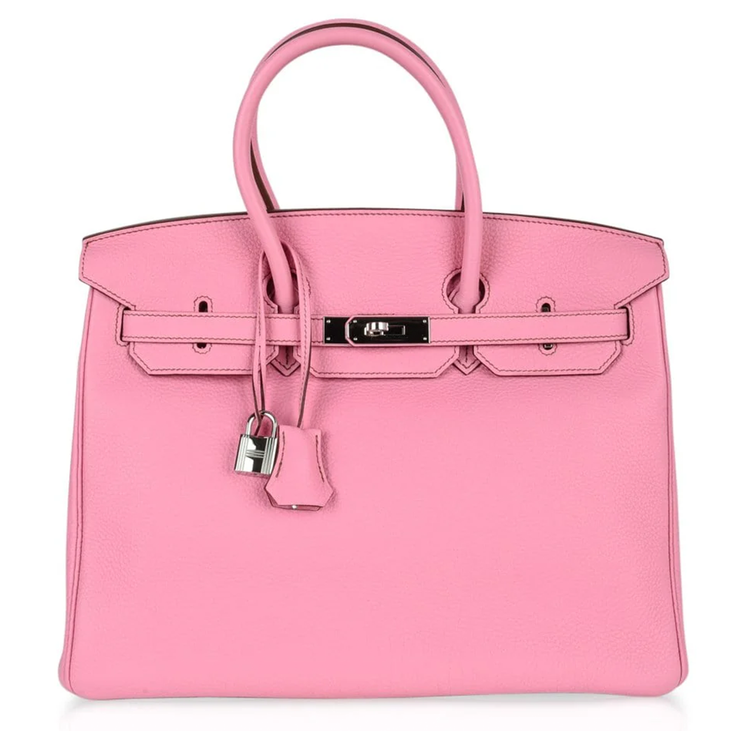 Bright Bubble Pink Subtle Textured Grain Spacious Structured Rectangular Hand Tote With Polished Silvery Twist Lock Hardware And Matching Suspended Metal Padlock Charm