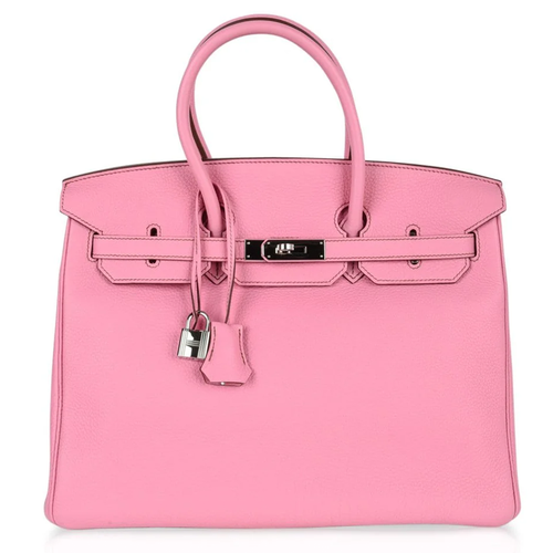 Bright Bubble Pink Subtle Textured Grain Spacious Structured Rectangular Hand Tote With Polished Silvery Twist Lock Hardware And Matching Suspended Metal Padlock Charm