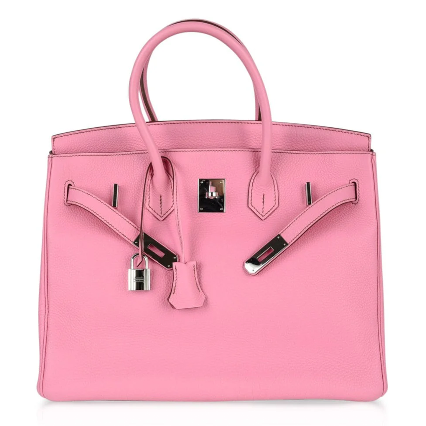 Bright Bubble Pink Subtle Textured Grain Spacious Structured Rectangular Hand Tote With Polished Silvery Twist Lock Hardware And Matching Suspended Metal Padlock Charm